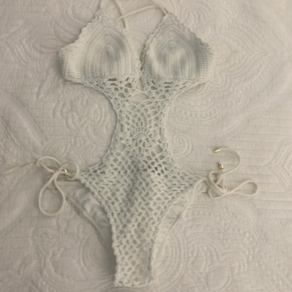 WORN ONCE! White crochet one piece swimsuit